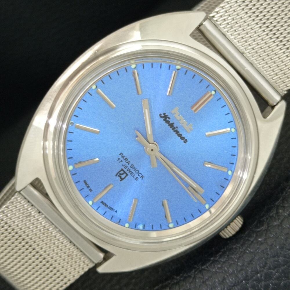 Vintage 1974 HMT Manual Wound Mens Silver Watch & Blue accents